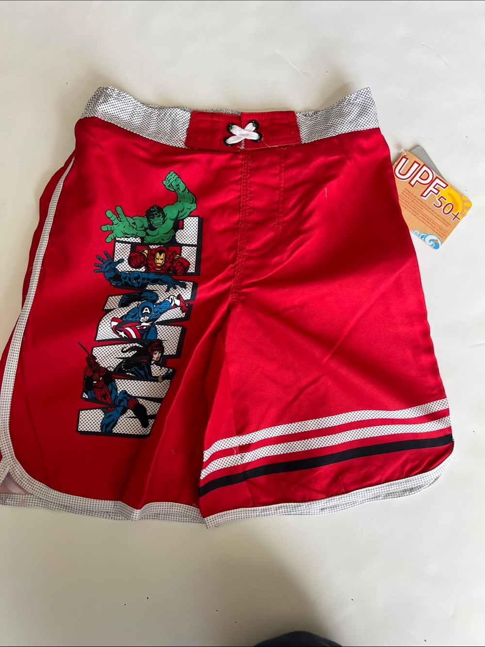 Disney Red Avengers Swim Trunks with Comic Character Panel